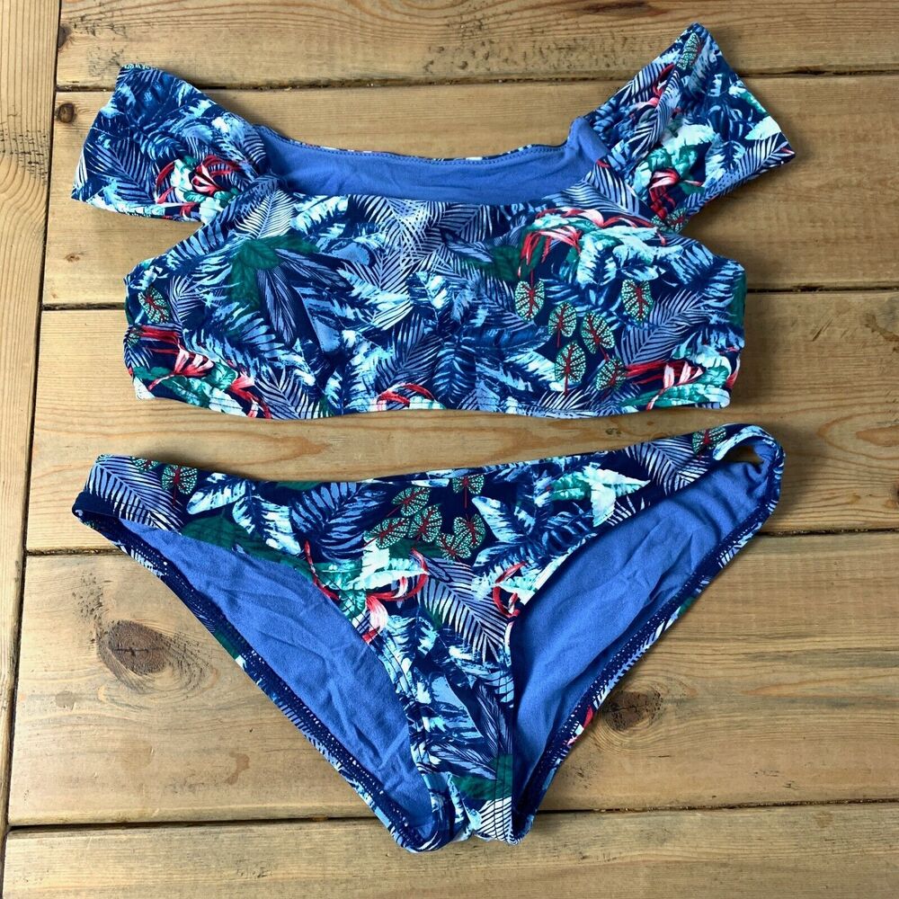 Cikada Australia Off Shoulder Bikini Set Blue Tropical Floral Swim Womens US 8